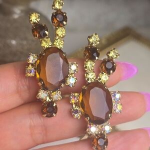 Vintage Luxury Brown and Yellow AB Rhinestones Clip On Earrings.